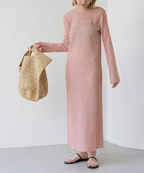 SLOBE citron.（スローブシトロン）の「SLOBE citron. シャーリングボーダーワンピース（ワンピース・レディース・ライトグリーン/オレンジ・FREE）」の16枚目の写真