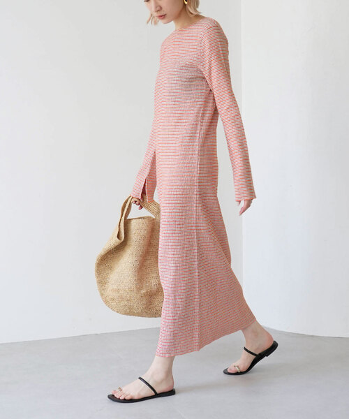 SLOBE citron.（スローブシトロン）の「SLOBE citron. シャーリングボーダーワンピース（ワンピース・レディース・ライトグリーン/オレンジ・FREE）」の22枚目の写真