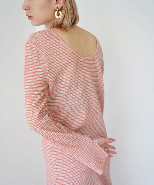 SLOBE citron.（スローブシトロン）の「SLOBE citron. シャーリングボーダーワンピース（ワンピース・レディース・ライトグリーン/オレンジ・FREE）」の9枚目の写真