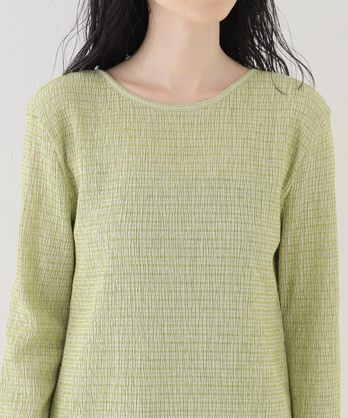 SLOBE citron.（スローブシトロン）の「SLOBE citron. シャーリングボーダーワンピース（ワンピース・レディース・ライトグリーン/オレンジ・FREE）」の4枚目の写真