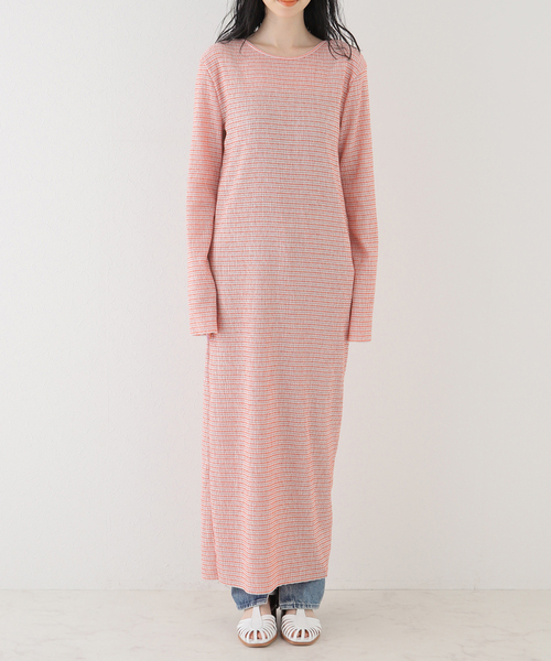 SLOBE citron.（スローブシトロン）の「SLOBE citron. シャーリングボーダーワンピース（ワンピース・レディース・ライトグリーン/オレンジ・FREE）」の15枚目の写真