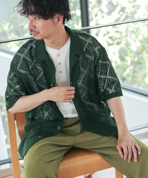 JOURNAL STANDARD relume（ジャーナルスタンダード　レリューム）の「サマーレース 半袖シャツ（シャツ/ブラウス・メンズ・アイボリー/ウッド/モスグリーン・MEDIUM/LARGE）」の3枚目の写真
