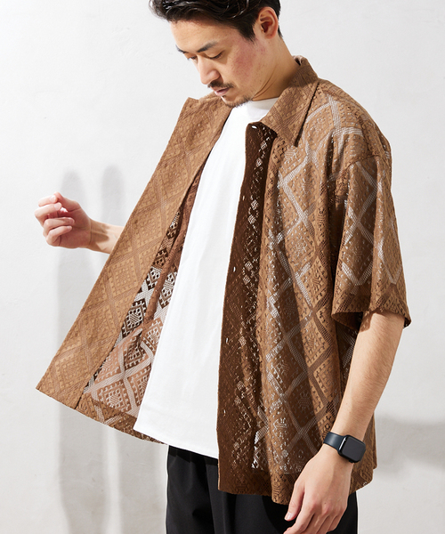 JOURNAL STANDARD relume（ジャーナルスタンダード　レリューム）の「サマーレース 半袖シャツ（シャツ/ブラウス・メンズ・アイボリー/ウッド/モスグリーン・MEDIUM/LARGE）」の7枚目の写真