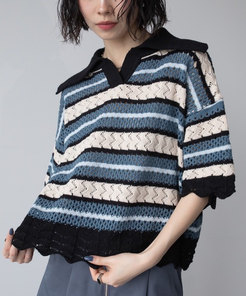 げ*ん様 ESTNATION マルチボーダーポロニット げ*ん様 ESTNATION マルチボーダーポロニット 9/19新作》マルチ