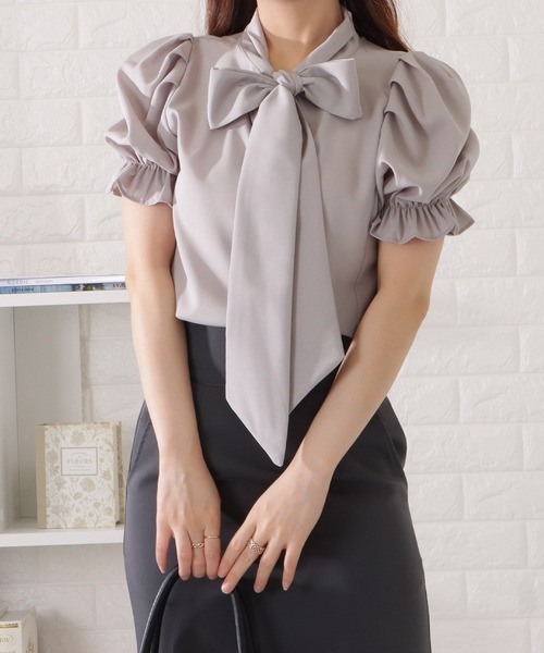 Lace Ladies(レースレディース)の「ボウタイ付きタック入りパワーショルダーブラウス(シャツ/ブラウス・レディース・ミント/ホワイト/ピンク系/グレー・S/FREE)」の7枚目の写真