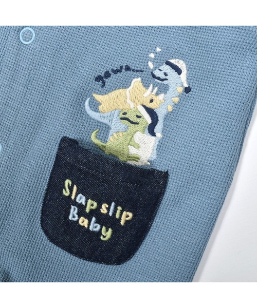 SLAP SLIP BABY（スラップスリップベビー）の「デニムポケット恐竜刺しゅうサロペットレイヤード風ロンパースベビー(60~80cm)（ロンパース・キッズ・ブルー/オレンジ・60cm/80ｃｍ/70cm）」の3枚目の写真