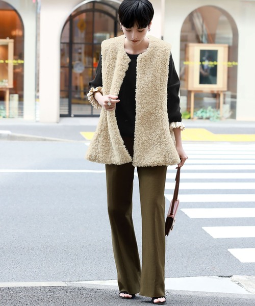 バイカラー袖口フリルリブニットプルオーバー（ニット/セーター