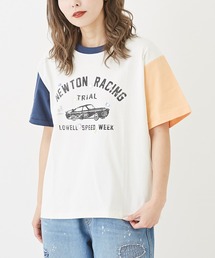 OE天竺カットソービジュー付ロゴプリントTシャツ