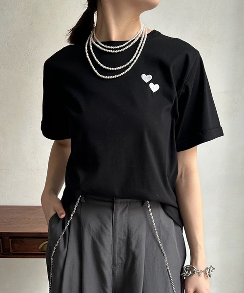 DouDou（ドゥドゥ）の「【WEB限定】ダブルハート刺繍TEE（Tシャツ/カットソー・レディース・ホワイト/ブラック/ホワイト系その他・FREE）」の14枚目の写真