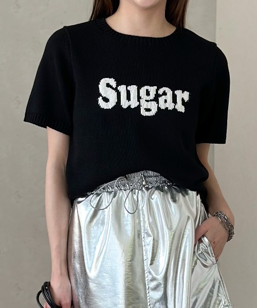 Per sist ence(パーシエンス)の「ジャガードロゴ半袖ニット/手洗いOK(ニット/セーター・レディース・イエロー/オフホワイト/グレー/ブラック・FREE)」の3枚目の写真