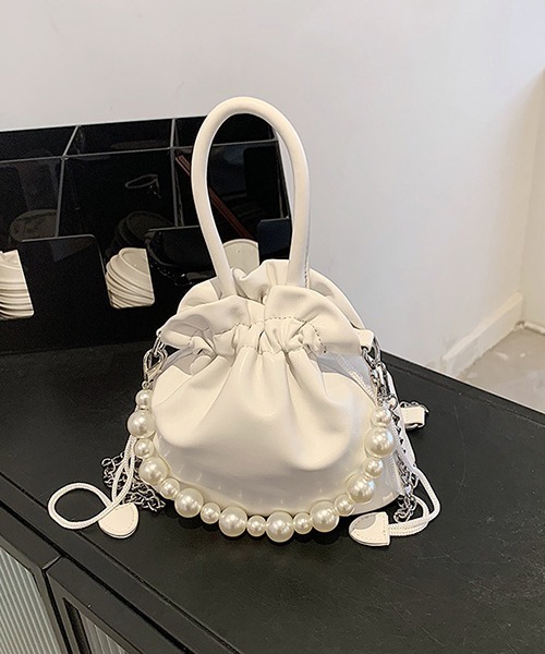 セール】パール飾りギャ合成皮革巾着バッグ 結婚式バッグ