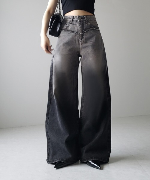 ※【 ４size ／ ２color 】ヴィンテージグラデーションダメージワイドバギーデニム ／ vintage gradation damage wide baggy denim（デニムパンツ）｜me+em select（ミームセレクト）
