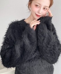 クルーネックショート丈ロングフェザーニットプルオーバー