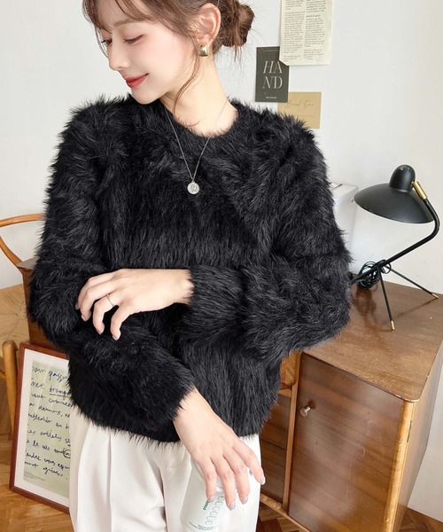 セール】クルーネックショート丈ロングフェザーニットプルオーバー