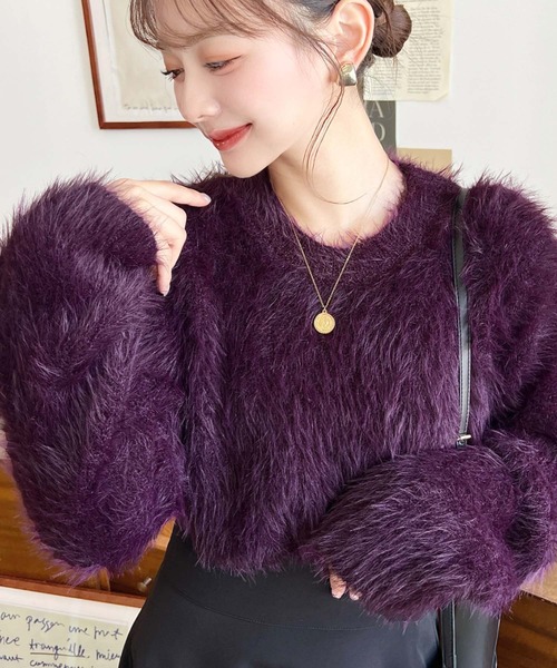 セール】クルーネックショート丈ロングフェザーニットプルオーバー