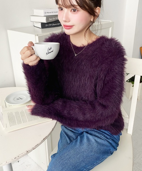 セール】クルーネックショート丈ロングフェザーニットプルオーバー