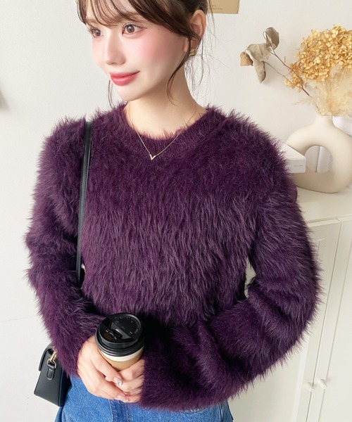 【パープル】スクリプトロゴ フェザーヤーン クルーネック ニット プルオーバー (WOMENS) セール】クルーネックショート丈ロングフェザーニットプルオーバー