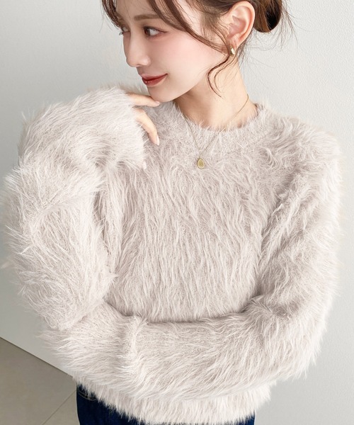 セール】クルーネックショート丈ロングフェザーニットプルオーバー