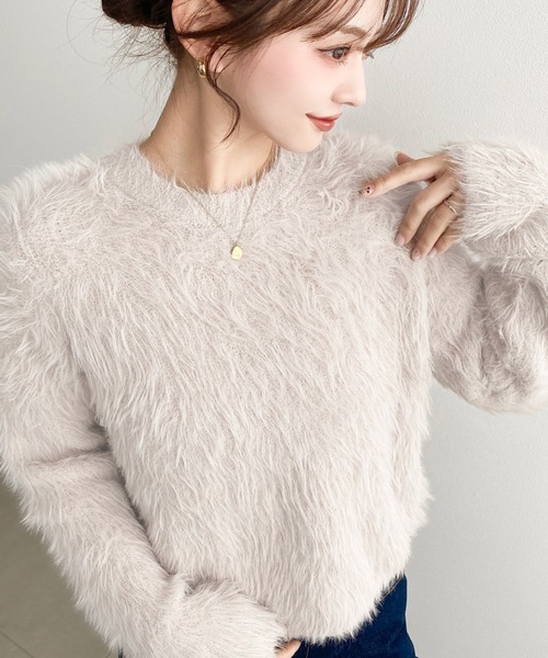 セール】クルーネックショート丈ロングフェザーニットプルオーバー