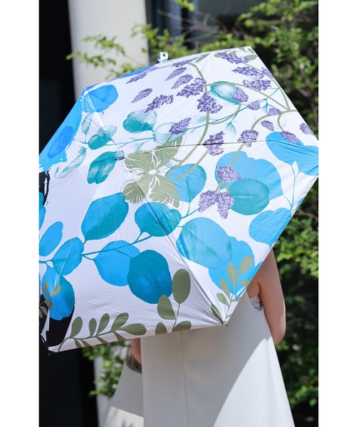 ボタニカル柄折り畳み傘 because 【晴雨兼用】 バンブーハンドル ミニトート付