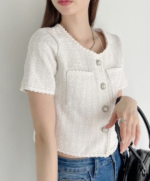 Ada.(エイダ)の「ツイード ショート丈 半袖 パールボタン パイピング ジャケット トップス(Tシャツ/カットソー・レディース・ホワイト/ライトブルー/ブラック・M/L)」の6枚目の写真