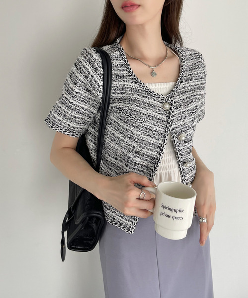 Ada.(エイダ)の「ツイード ショート丈 半袖 パールボタン パイピング ジャケット トップス(Tシャツ/カットソー・レディース・ホワイト/ライトブルー/ブラック・M/L)」の12枚目の写真