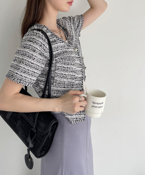 Ada.(エイダ)の「ツイード ショート丈 半袖 パールボタン パイピング ジャケット トップス(Tシャツ/カットソー・レディース・ホワイト/ライトブルー/ブラック・M/L)」の17枚目の写真