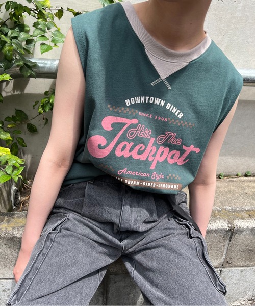 DOUBLE NAME（ダブルネーム）の「レトロロゴノースリトップス（Tシャツ/カットソー・レディース・オフホワイト/ベージュ/グリーン・FREE）」の14枚目の写真