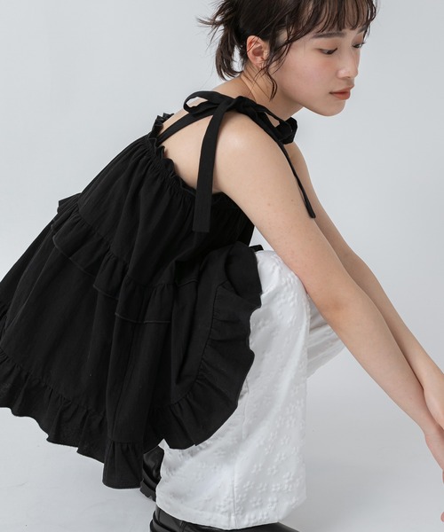 NODRESS x LABELHOOD リボン　キャミソール　トップス セール】肩リボンティアードフリルキャミソール/【新色追加】春