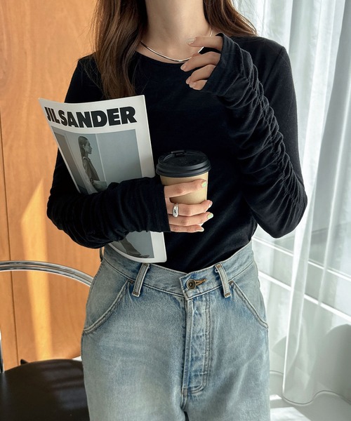 andme(アンドミー)の「シャーリングシアーリブトップス(Tシャツ/カットソー・レディース・杢グレー/アイボリー/ブラック/チャコールグレー・M)」の8枚目の写真