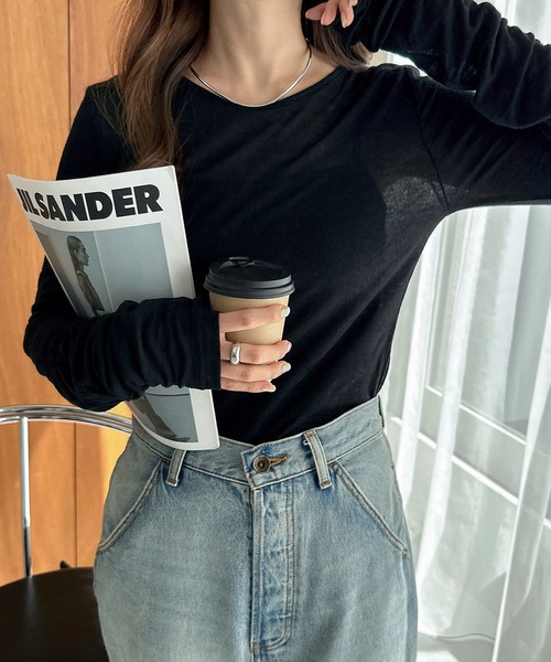 andme(アンドミー)の「シャーリングシアーリブトップス(Tシャツ/カットソー・レディース・杢グレー/アイボリー/ブラック/チャコールグレー・M)」の7枚目の写真