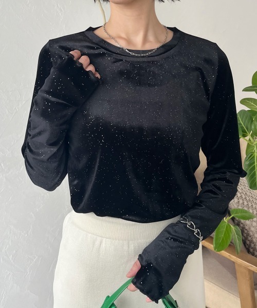 Rejoule（リジュール）の「フィンガーホールラメベロアトップス（Tシャツ/カットソー・レディース・ネイビー/ブラック/チャコールグレー・FREE）」の2枚目の写真