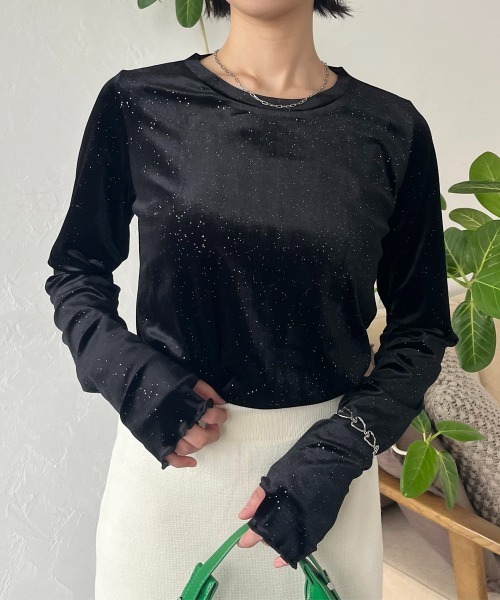 Rejoule（リジュール）の「フィンガーホールラメベロアトップス（Tシャツ/カットソー・レディース・ネイビー/ブラック/チャコールグレー・FREE）」の4枚目の写真