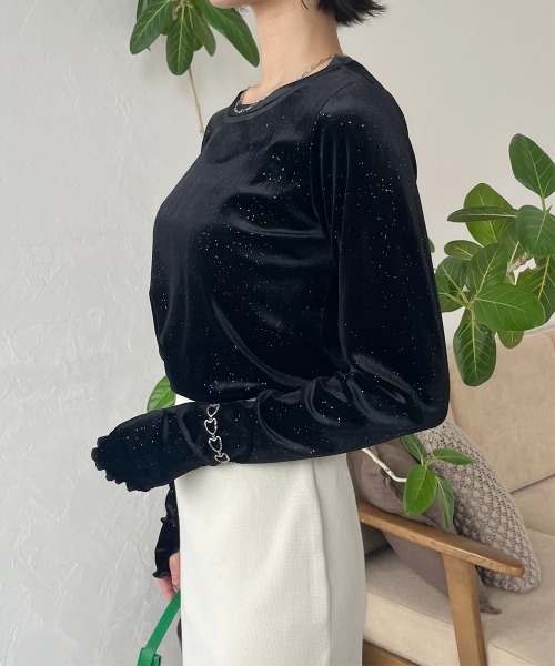 Rejoule（リジュール）の「フィンガーホールラメベロアトップス（Tシャツ/カットソー・レディース・ネイビー/ブラック/チャコールグレー・FREE）」の5枚目の写真