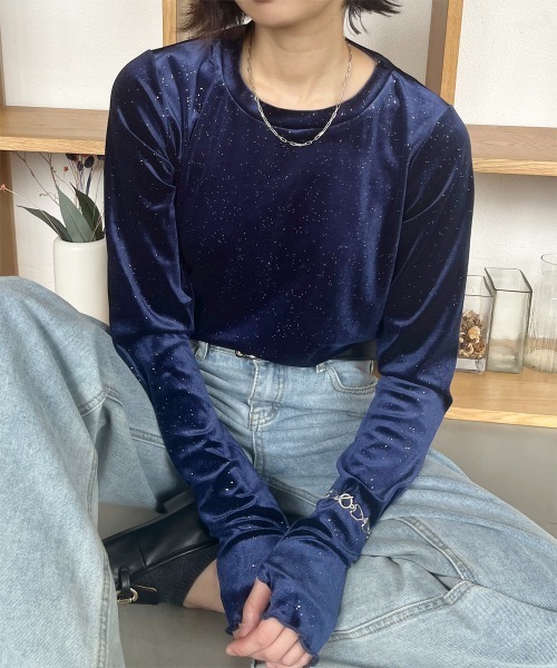 フィンガーホールラメベロアトップス（Tシャツ/カットソー