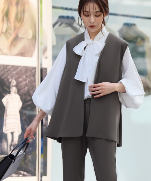 セール】【3点セット】Vネックジレ ボウタイブラウス テーパードパンツ