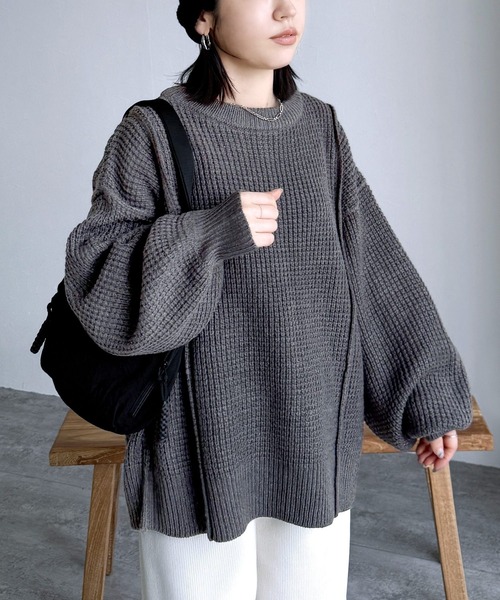 reca（レカ）の「ボリューム袖ワッフルニット（ニット/セーター・レディース・ライム/オートミール/チャコールグレー/レッド・M）」の22枚目の写真