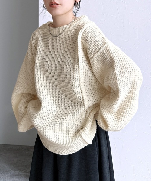 reca（レカ）の「ボリューム袖ワッフルニット（ニット/セーター・レディース・ライム/オートミール/チャコールグレー/レッド・M）」の19枚目の写真