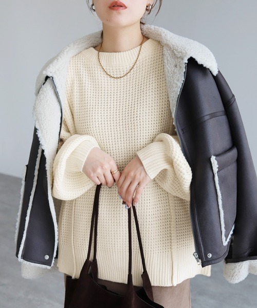 reca（レカ）の「ボリューム袖ワッフルニット（ニット/セーター・レディース・ライム/オートミール/チャコールグレー/レッド・M）」の7枚目の写真