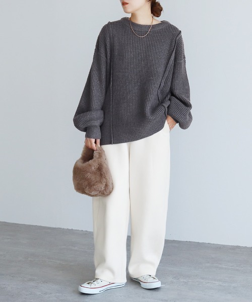 reca（レカ）の「ボリューム袖ワッフルニット（ニット/セーター・レディース・ライム/オートミール/チャコールグレー/レッド・M）」の12枚目の写真