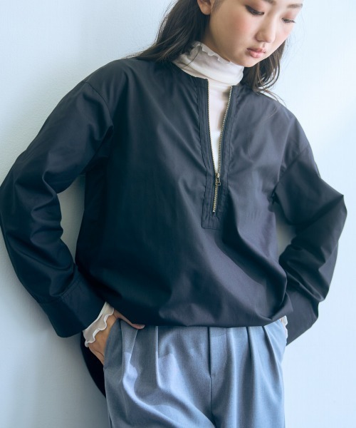 slattgir(スラットジール)の「高身長 ジップアップシャツ(トールサイズ)Essenave(シャツ/ブラウス・レディース・ブラック/オフホワイト・M/L/LL/3L)」の2枚目の写真