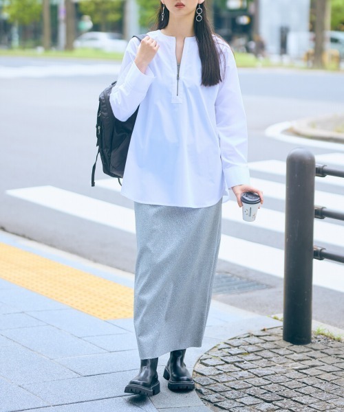 slattgir(スラットジール)の「高身長 ジップアップシャツ(トールサイズ)Essenave(シャツ/ブラウス・レディース・ブラック/オフホワイト・M/L/LL/3L)」の5枚目の写真