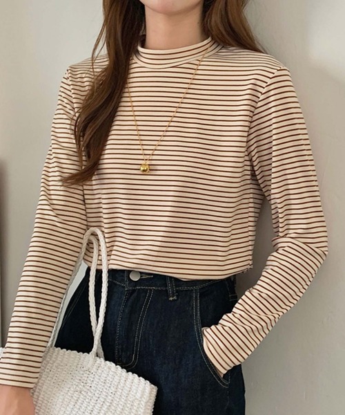 Girly Doll（ガーリードール）の「プチハイネックボーダーカットソー（Tシャツ/カットソー・レディース・ブラック/グレー/ベージュ/ホワイト/ブラウン・FREE）」の5枚目の写真