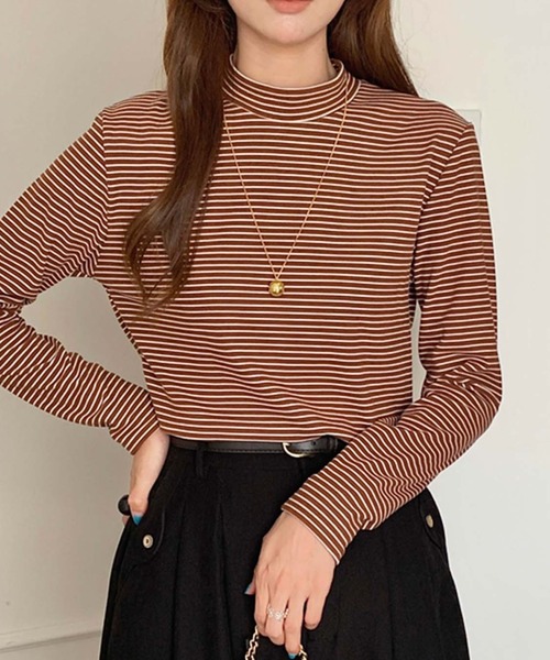 Girly Doll（ガーリードール）の「プチハイネックボーダーカットソー（Tシャツ/カットソー・レディース・ブラック/グレー/ベージュ/ホワイト/ブラウン・FREE）」の4枚目の写真