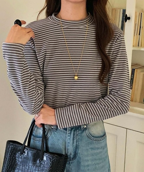 Girly Doll（ガーリードール）の「プチハイネックボーダーカットソー（Tシャツ/カットソー・レディース・ブラック/グレー/ベージュ/ホワイト/ブラウン・FREE）」の2枚目の写真