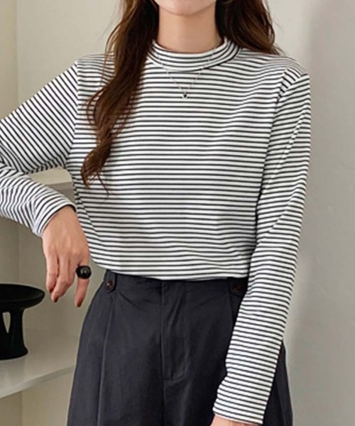 Girly Doll（ガーリードール）の「プチハイネックボーダーカットソー（Tシャツ/カットソー・レディース・ブラック/グレー/ベージュ/ホワイト/ブラウン・FREE）」の3枚目の写真