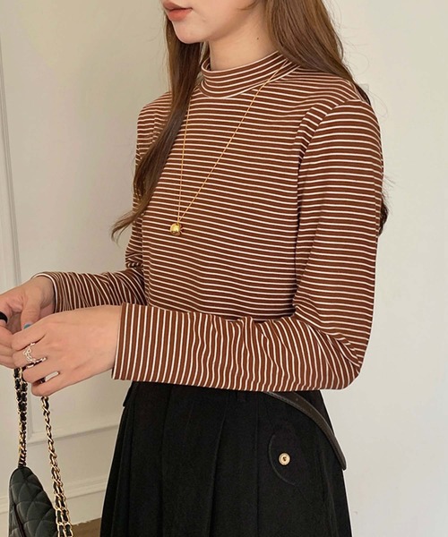 Girly Doll（ガーリードール）の「プチハイネックボーダーカットソー（Tシャツ/カットソー・レディース・ブラック/グレー/ベージュ/ホワイト/ブラウン・FREE）」の12枚目の写真