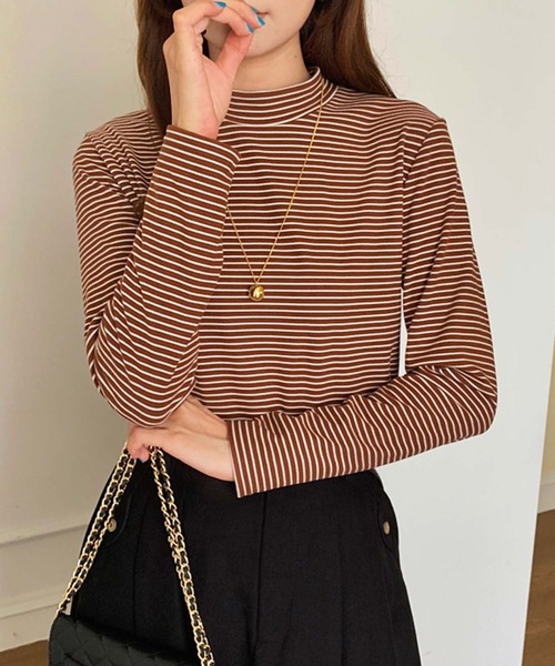 Girly Doll（ガーリードール）の「プチハイネックボーダーカットソー（Tシャツ/カットソー・レディース・ブラック/グレー/ベージュ/ホワイト/ブラウン・FREE）」の13枚目の写真