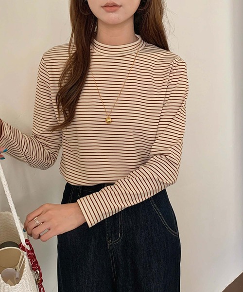 Girly Doll（ガーリードール）の「プチハイネックボーダーカットソー（Tシャツ/カットソー・レディース・ブラック/グレー/ベージュ/ホワイト/ブラウン・FREE）」の16枚目の写真