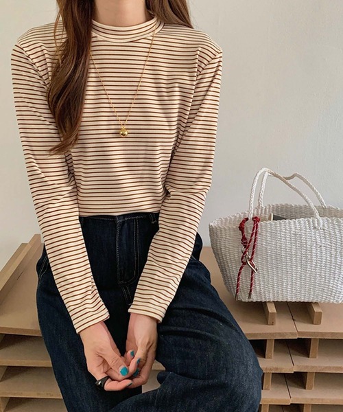 Girly Doll（ガーリードール）の「プチハイネックボーダーカットソー（Tシャツ/カットソー・レディース・ブラック/グレー/ベージュ/ホワイト/ブラウン・FREE）」の19枚目の写真